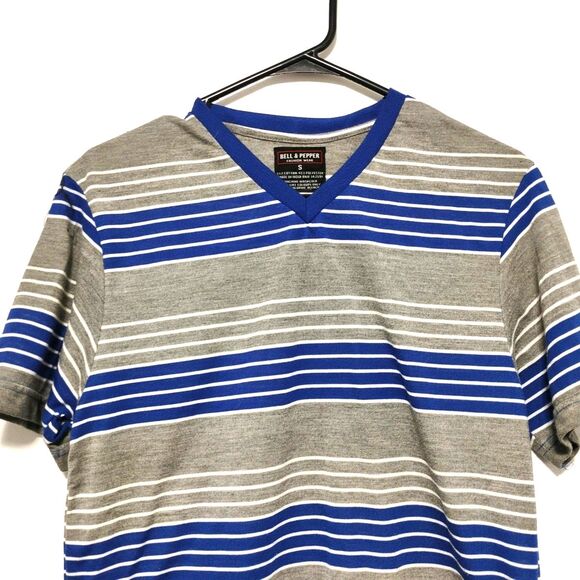 gray Blue Striped Shirt Men's Large Short Sleeve Pullover Lightweight logo drift - Picture 2 of 4